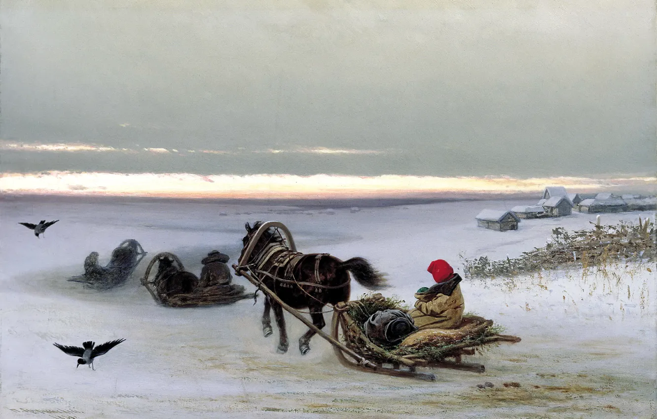 Фото обои зима, снег, закат, люди, дома, картина, лошади, вороны, сани, живопись, холст, домой, Грузинский