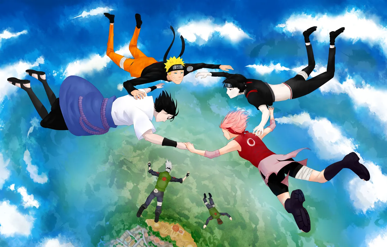 Фото обои небо, облака, полет, аниме, арт, наруто, naruto, Uchiha Sasuke, Hatake Kakashi, Haruno Sakura, Uzumaki Naruto, …