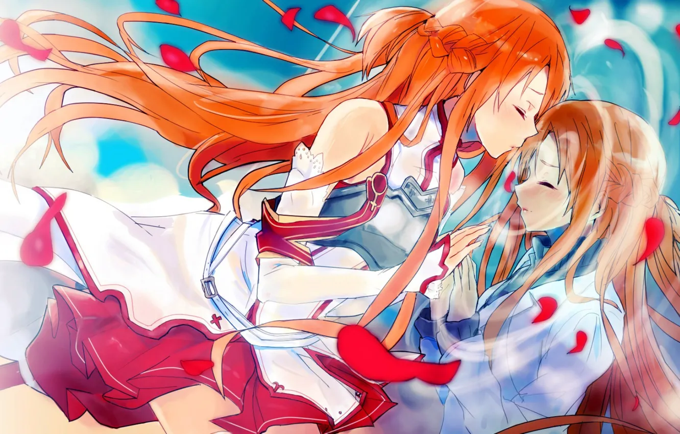 Фото обои поцелуй, лепестки, Мастера меча онлайн, Sword Art Online, Asuna Yuuki, зазеркалье