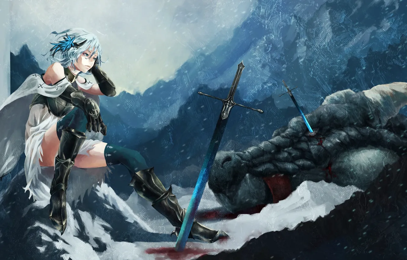 Фото обои девушка, снег, оружие, дракон, монстр, меч, арт, akaikitsune