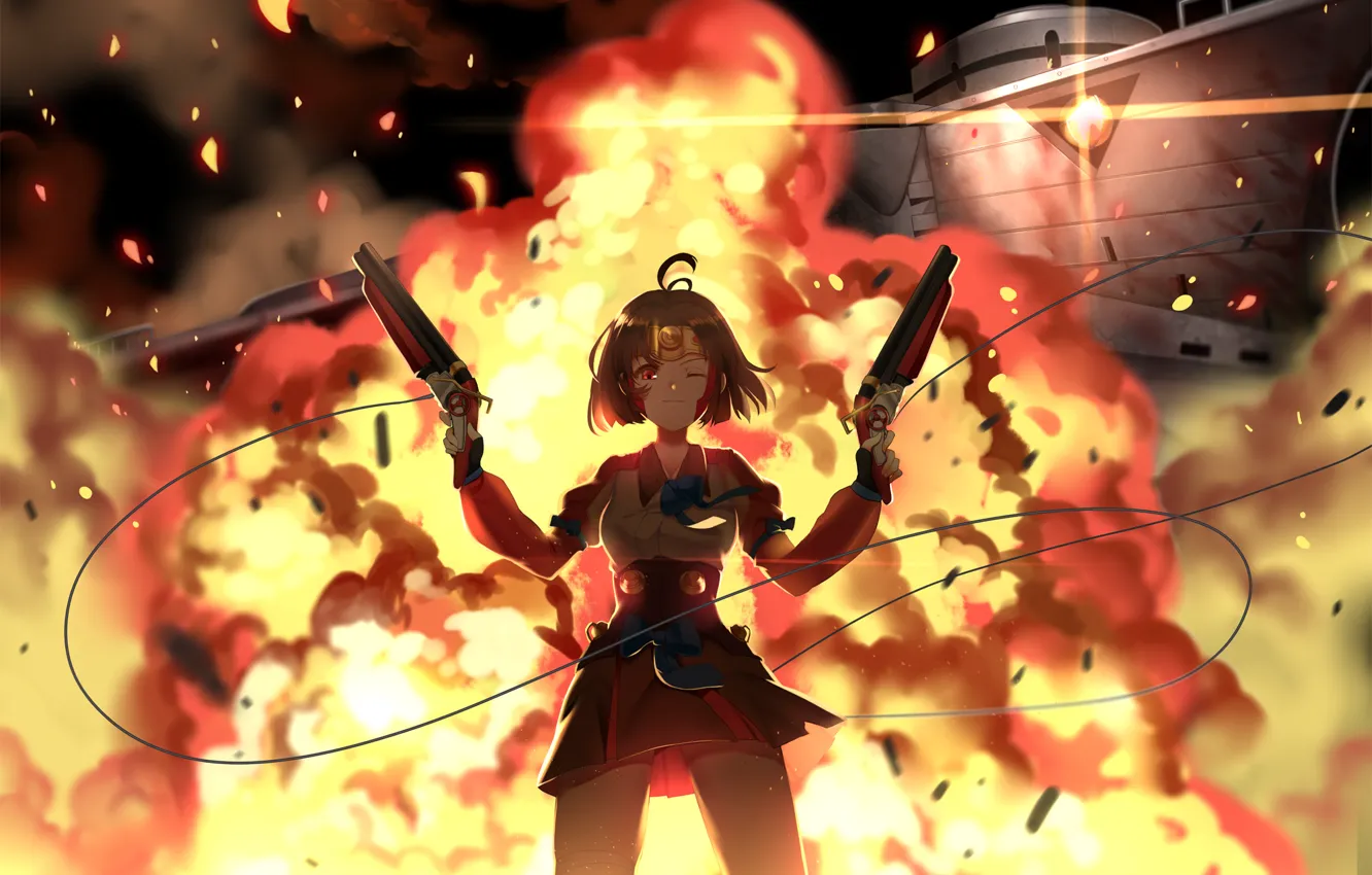 Фото обои девушка, оружие, огонь, пистолеты, взрывы, аниме, арт, greetload, koutetsujou no kabaneri