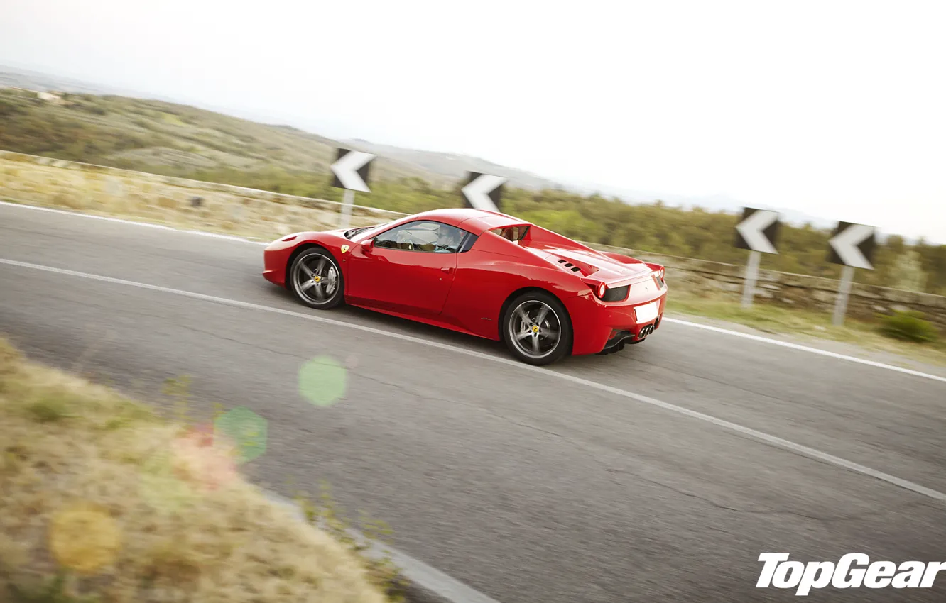 Фото обои дорога, красный, вид, поворот, Ferrari, суперкар, феррари, 458, сбоку, top gear, италия, спайдер, самая лучшая …