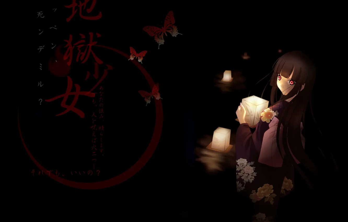 Фото обои девушка, бабочки, свечи, иероглифы, кимоно