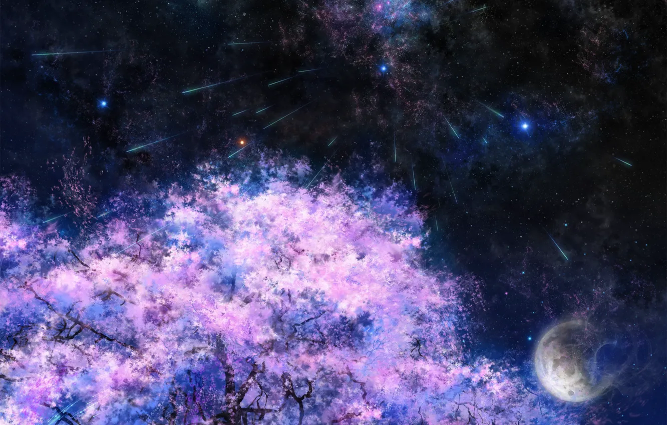 Фото обои космос, звезды, ночь, дерево, луна, сакура, арт, tsujiki