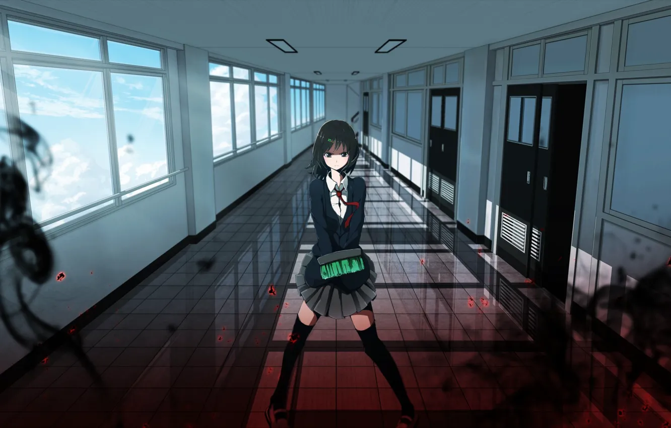 Фото обои Anime, girls, black hair, indoors, black eyes, brooms, tie., school uniforms, hallway