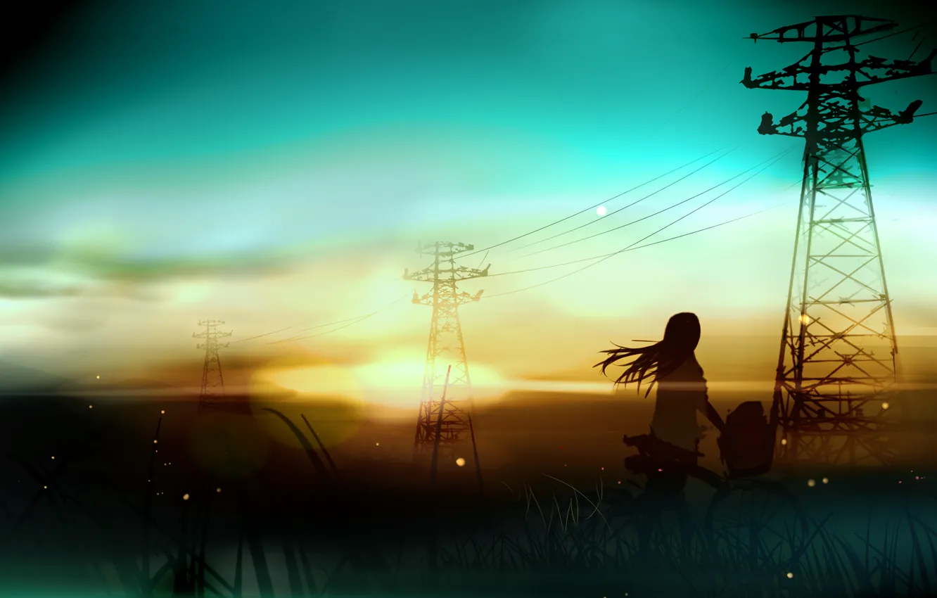 Фото обои девушка, пейзаж, закат, велосипед, провода, арт, лэп, rushka