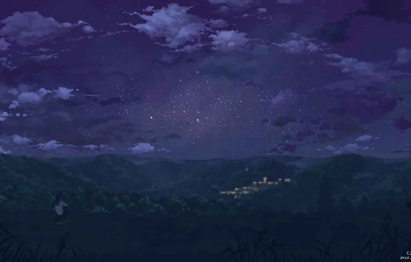 Фото обои небо, девушка, звезды, облака, деревья, ночь, природа, город, огни, дома, аниме, арт, форма, школьница, yuuko-san