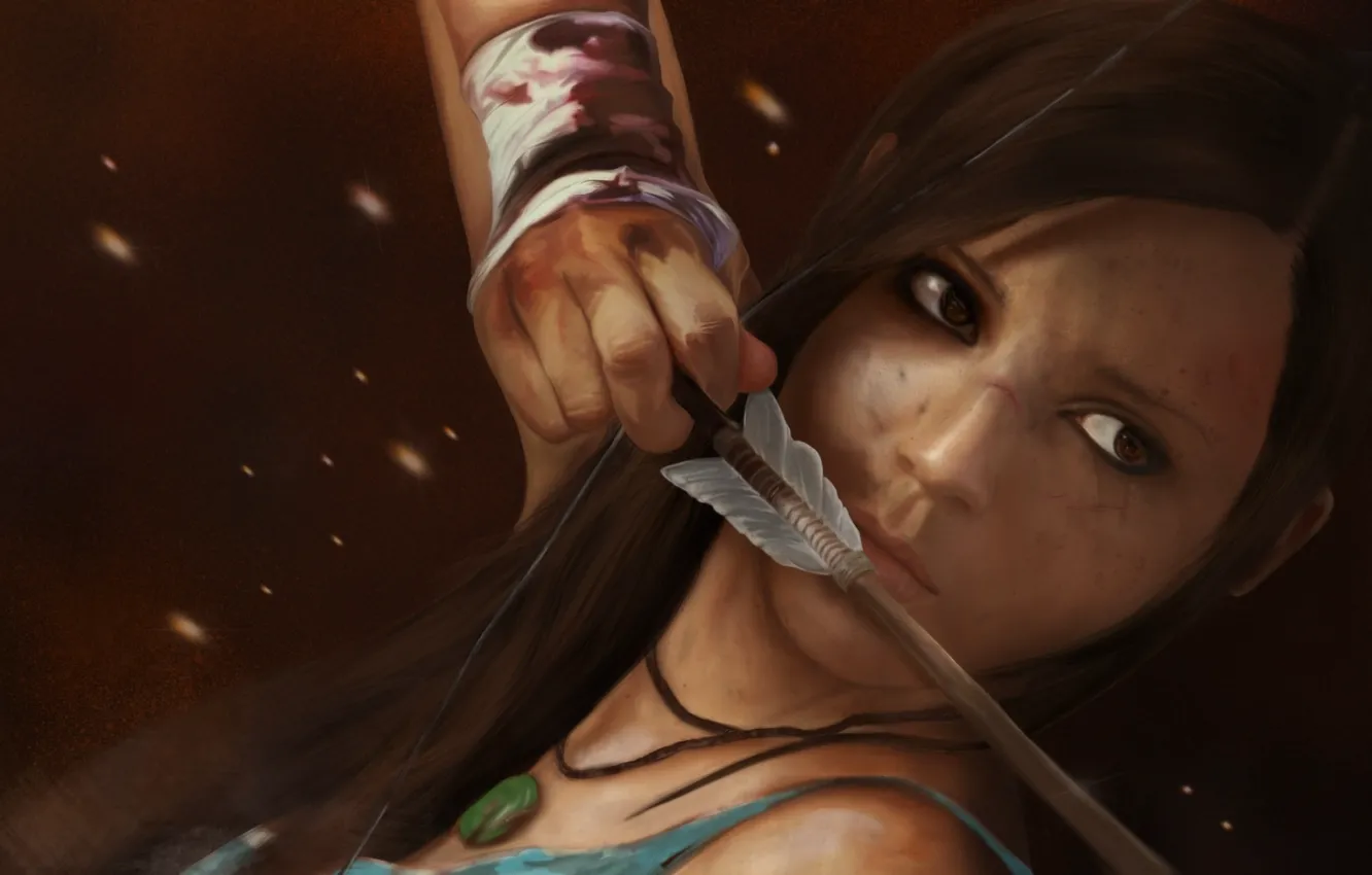 Фото обои девушка, кровь, лук, арт, стрела, бинты, рана, Lara Croft, Tomb Raider Reborn