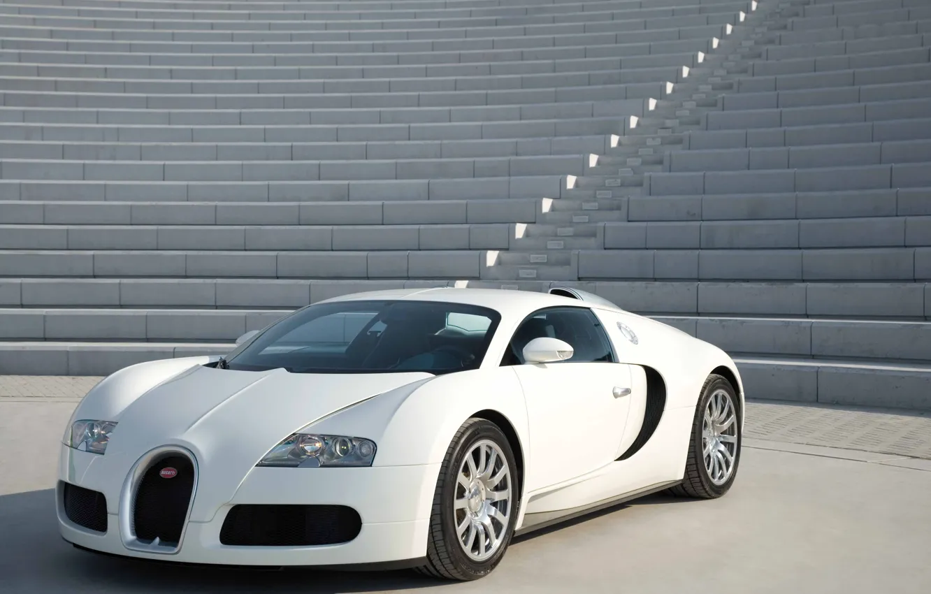 Фото обои белый, ступени, суперкар, Bugatti Veyron, бетон, гиперкар