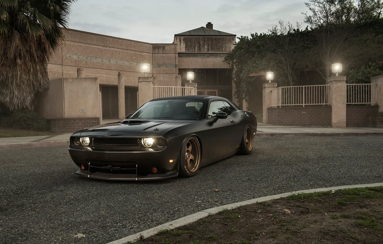 Фото обои Muscle, Dodge, Challenger, Car, Front, Black, Matte, Tuning, R/T, Wheels, Ligth