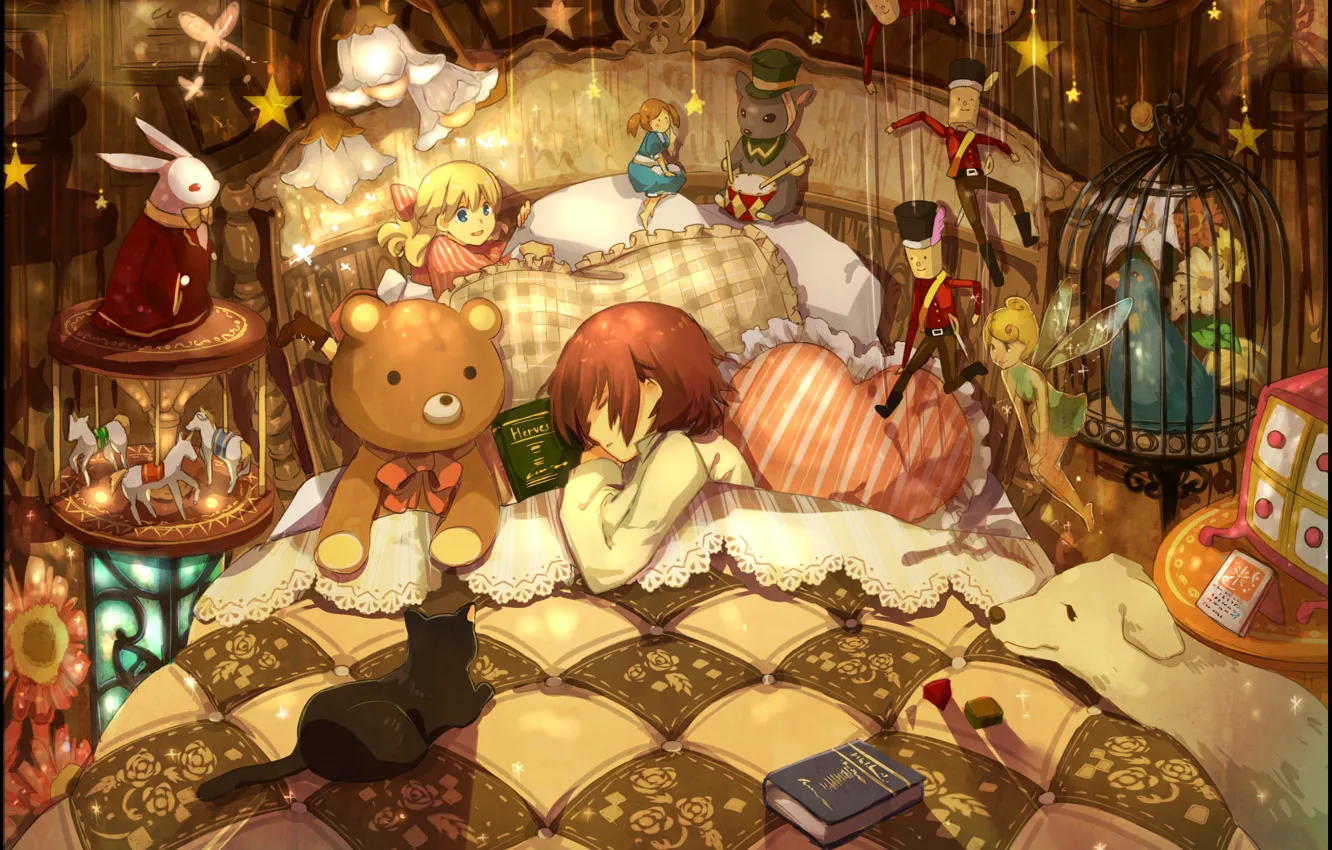 Фото обои животные, игрушки, кровать, подушки, мальчик, девочка, книжки, много, спят