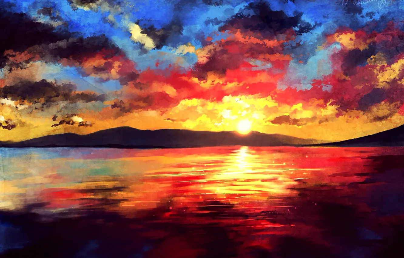 Фото обои море, солнце, закат, горы, art, Wakatuki