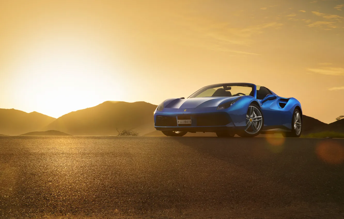 Фото обои Ferrari, Blue, Front, Sunset, Spider, Supercar, 488
