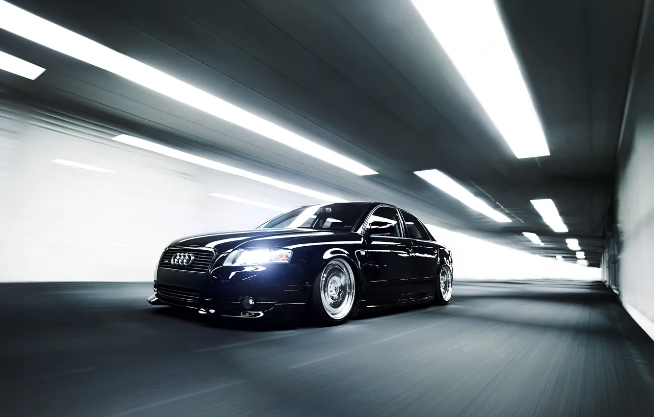 Фото обои Audi, ауди, скорость, чёрная, тоннель, black, front