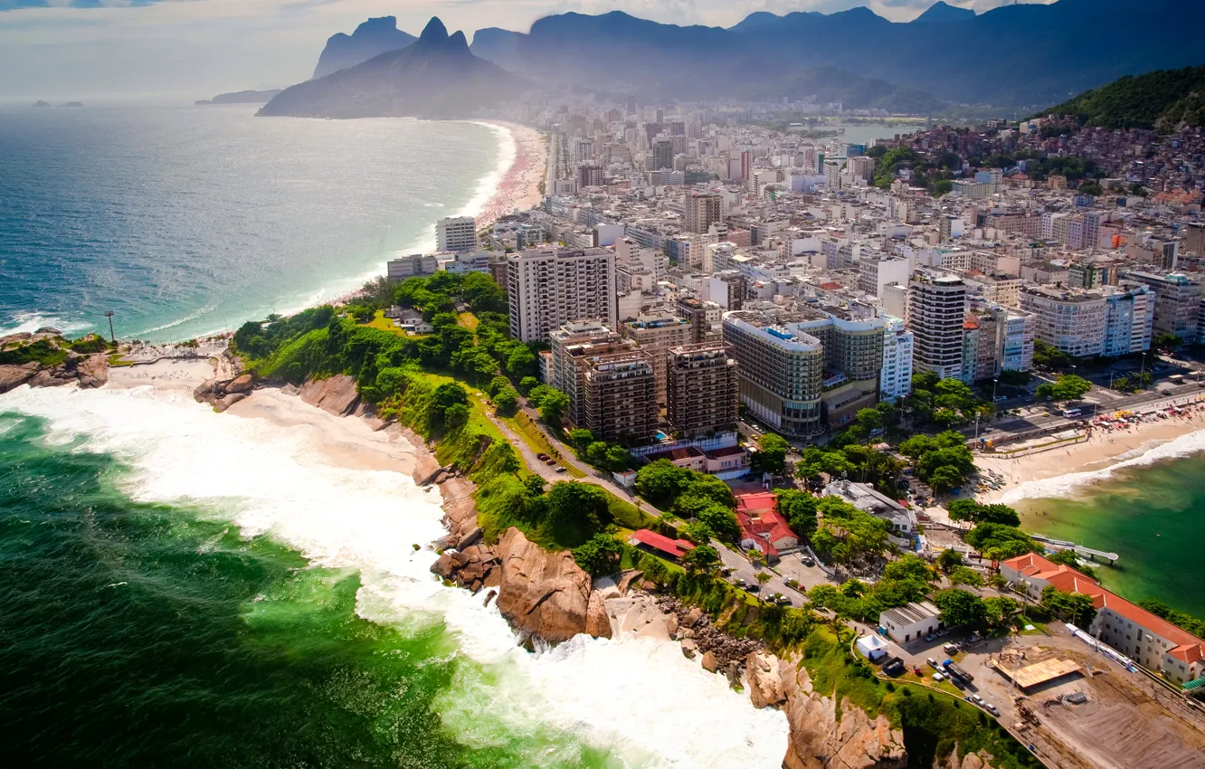 Фото обои море, пляж, пейзаж, горы, побережье, красота, панорама, Бразилия, мегаполис, Rio de Janeiro