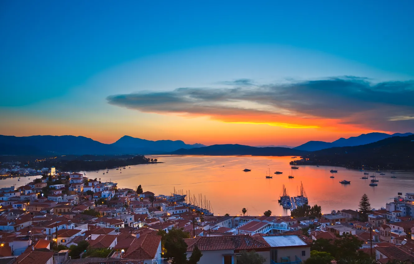 Фото обои city, lights, evening, buildings, homes, Santorini, Oia, Greece, dome, church, Aegean Sea