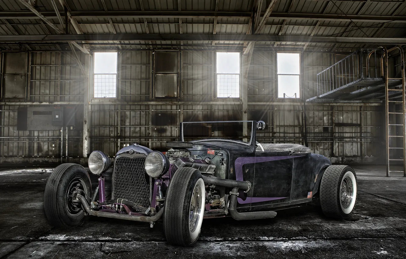 Фото обои ретро, ангар, классика, передок, hot-rod, classic car