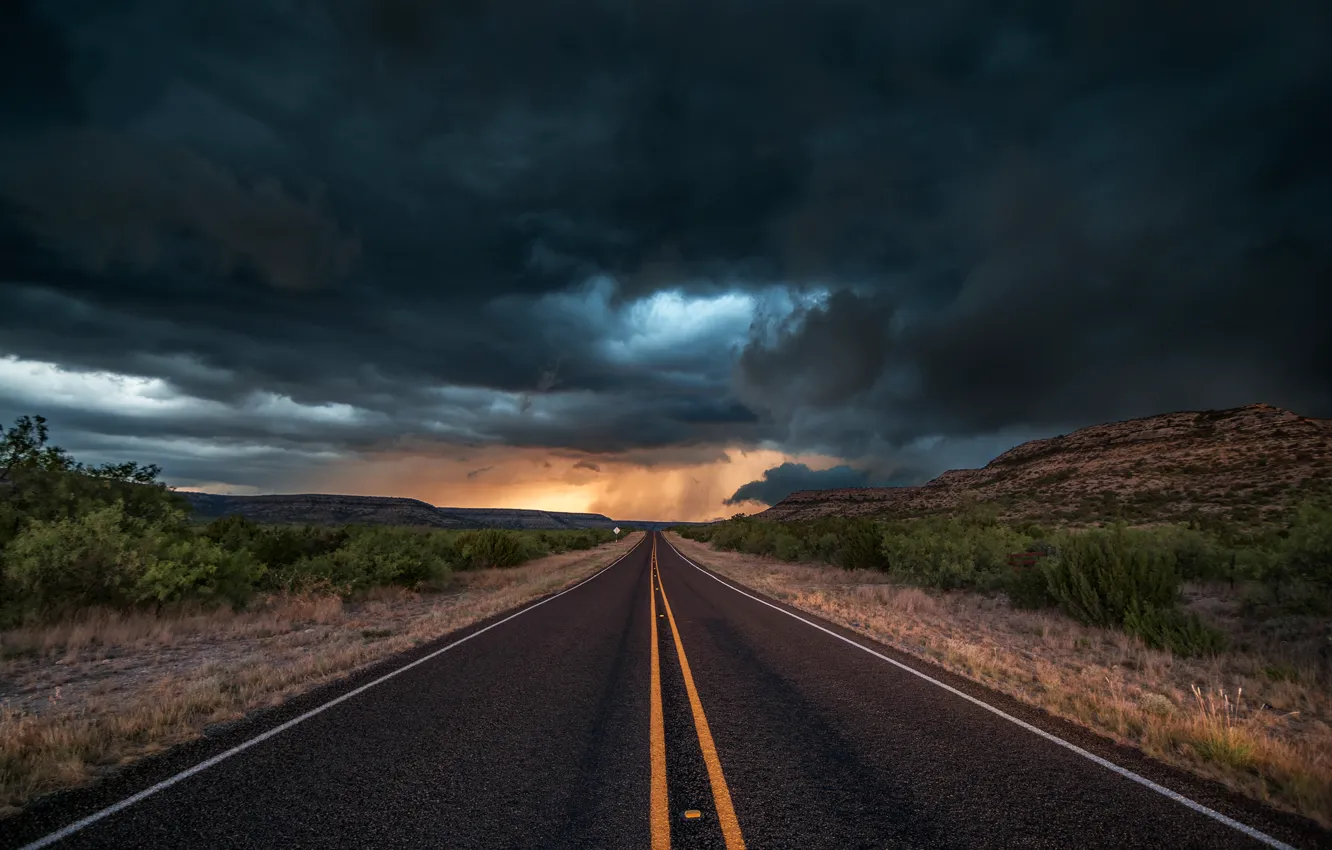Фото обои дорога, асфальт, облака, тучи, шторм, природа, вечер, США, штат Техас