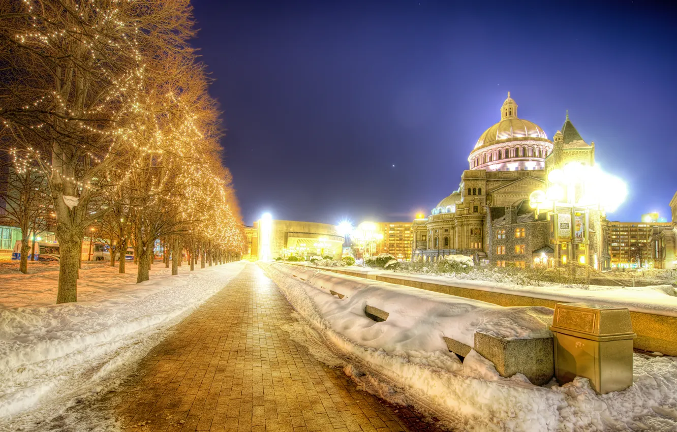 Фото обои снег, деревья, ночь, огни, Boston, Night