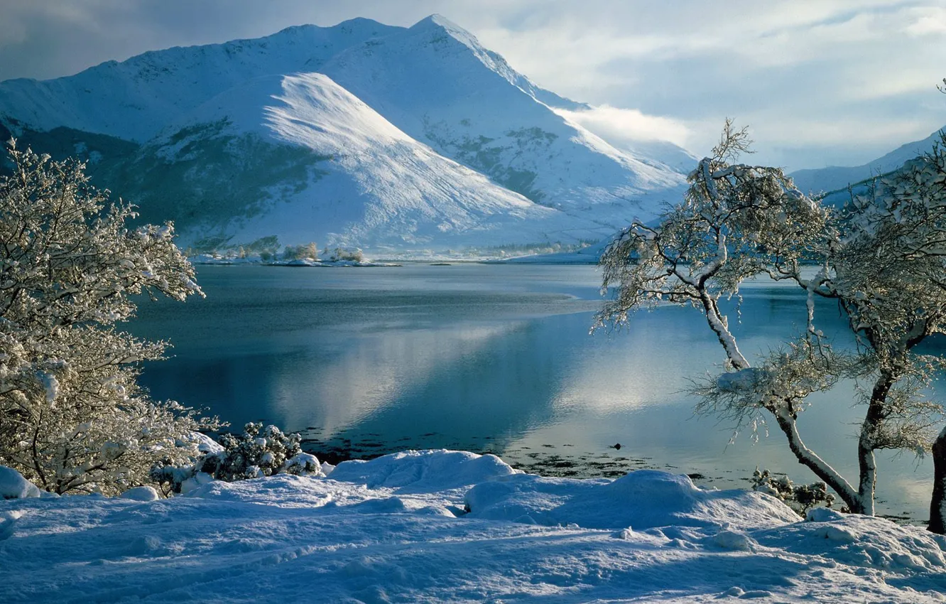 Фото обои зима, иней, небо, снег, деревья, горы, река