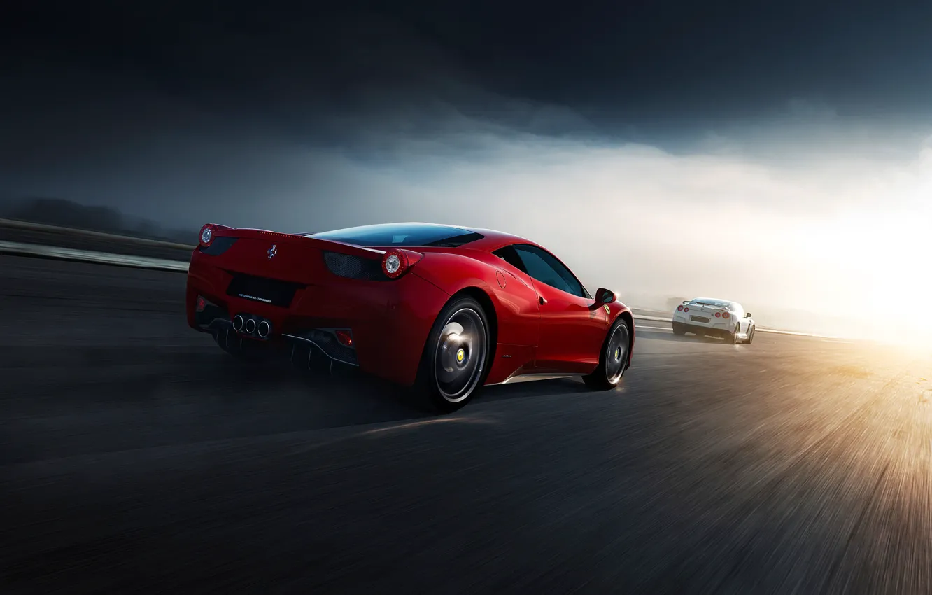 Фото обои Ferrari, Nissan, Red, GT-R, 458, White, Supercars, Norway, R35, Italia, Road, Rear