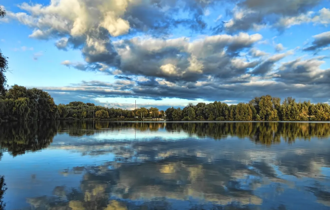 Фото обои осень, небо, облака, деревья, пейзаж, отражение, река