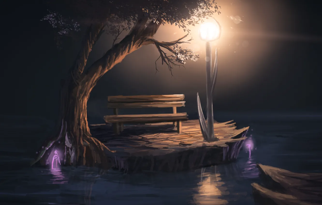 Фото обои свет, скамейка, ночь, дерево, арт, фонарь