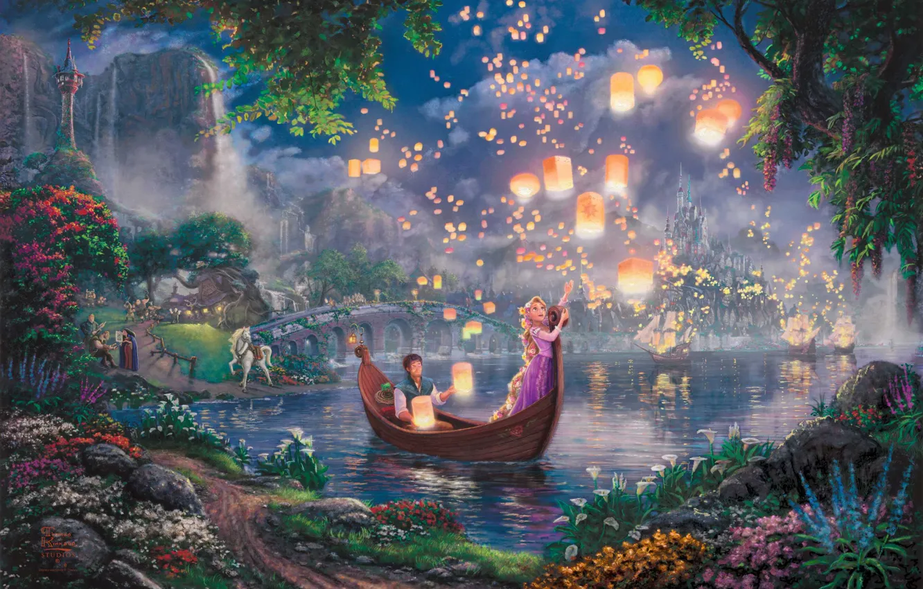 Фото обои цветы, ночь, мост, огни, озеро, замок, лодка, сказка, парус, живопись, фонарики, принцесса, дворец, Tangled, Паскаль, …