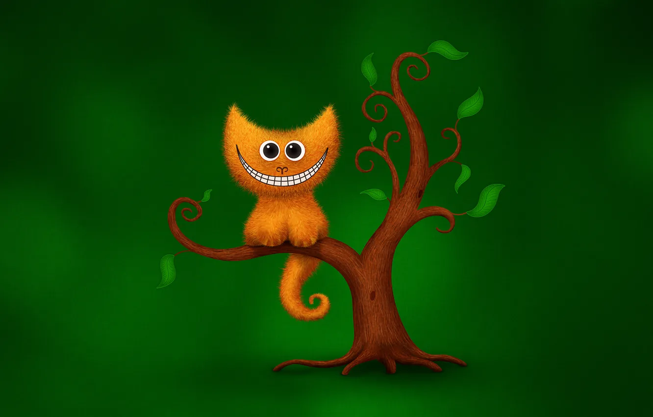Фото обои кот, зеленый, улыбка, дерево, юмор, чеширский кот
