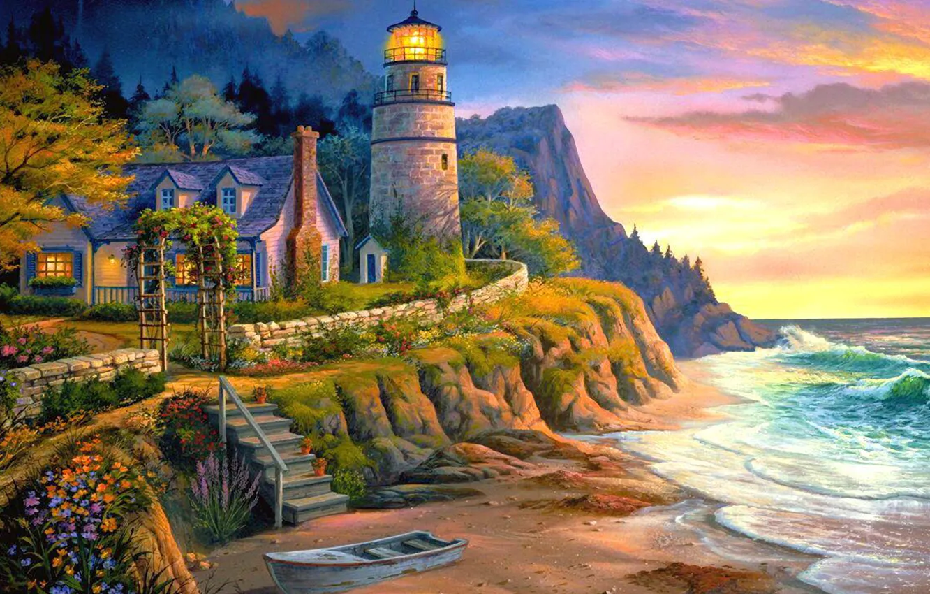 Фото обои море, свет, закат, дом, лодка, маяк, вечер, лестница, живопись, Michael Humphries, Lighting the Way