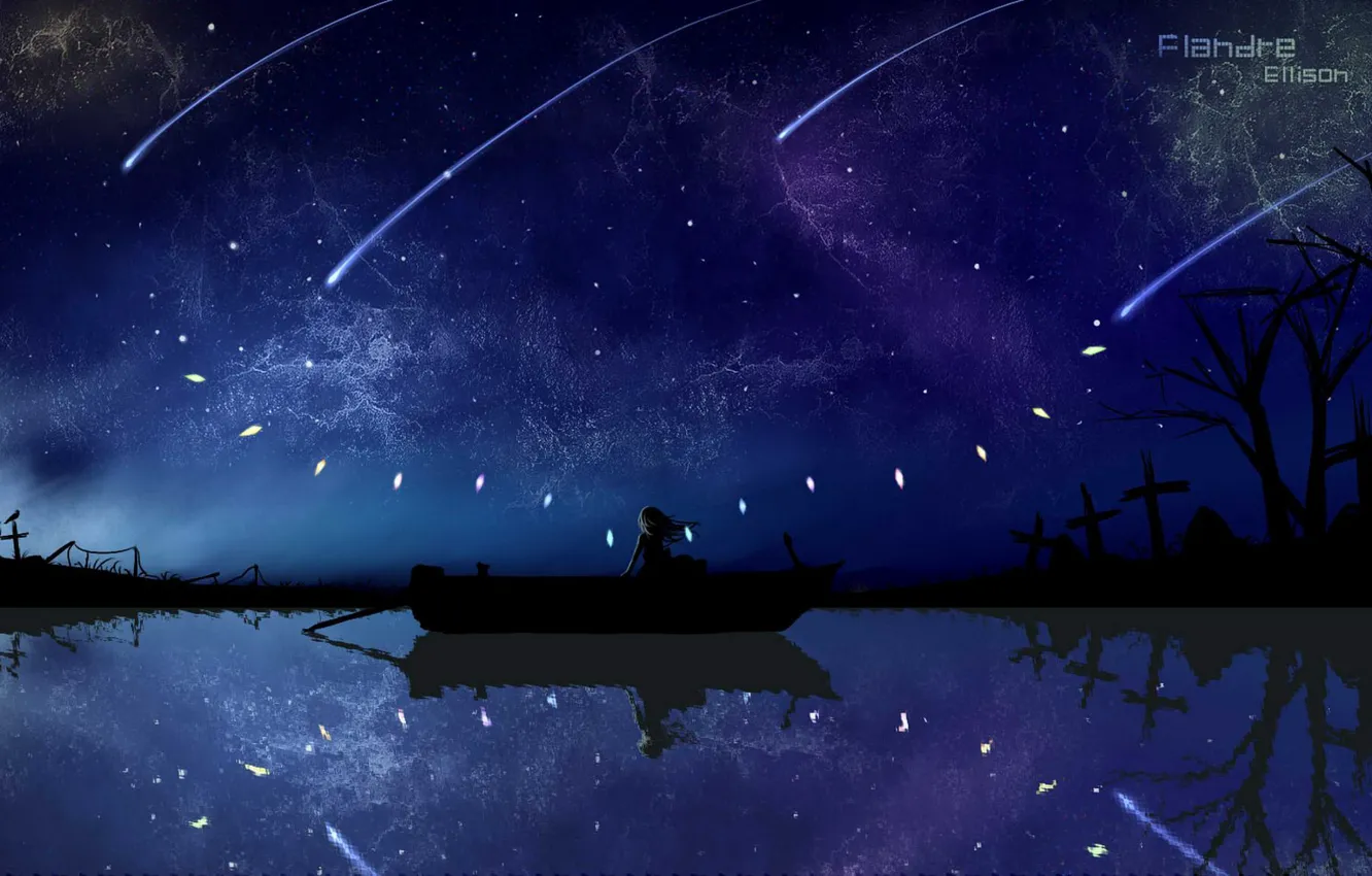 Фото обои небо, вода, девушка, звезды, ночь, лодка, крылья, аниме, арт, кристаллы, touhou, flandre scarlet