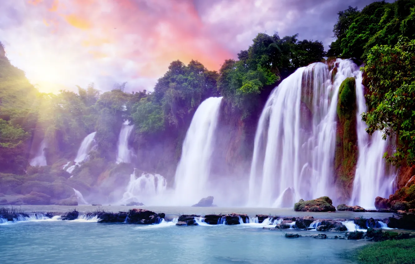 Фото обои небо, солнце, облака, тропики, рай, водопад, красивое, Beautiful waterfall, яркон