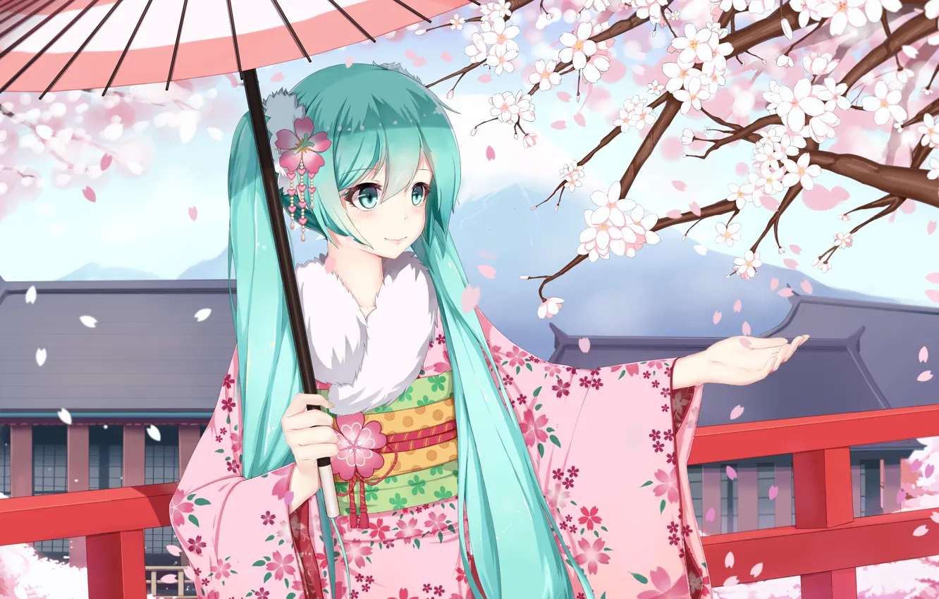 Фото обои девушка, улыбка, зонт, аниме, лепестки, сакура, арт, кимоно, vocaloid, hatsune miku, sugar sound