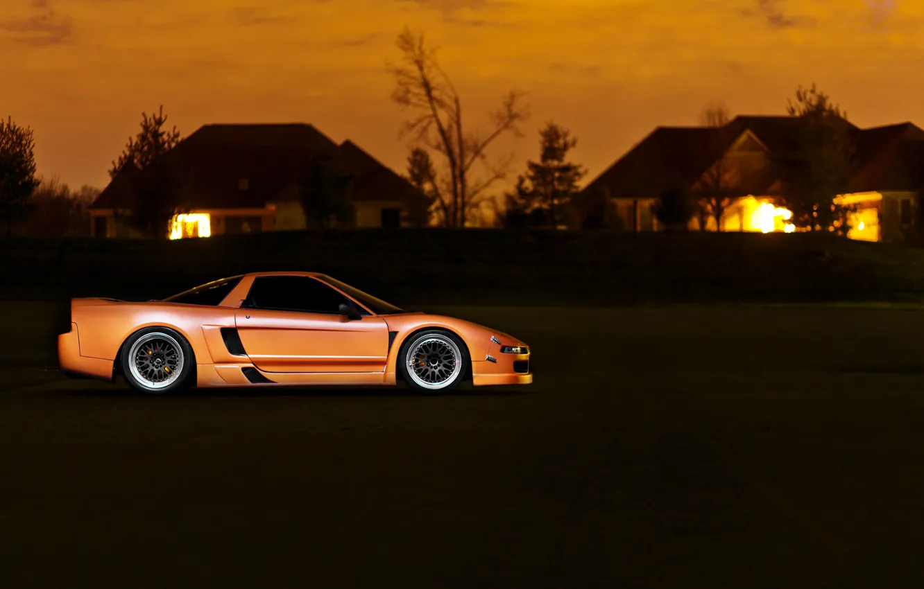 Фото обои закат, дома, оранжевая, Honda, хонда, orange, акура, Acura, NSX