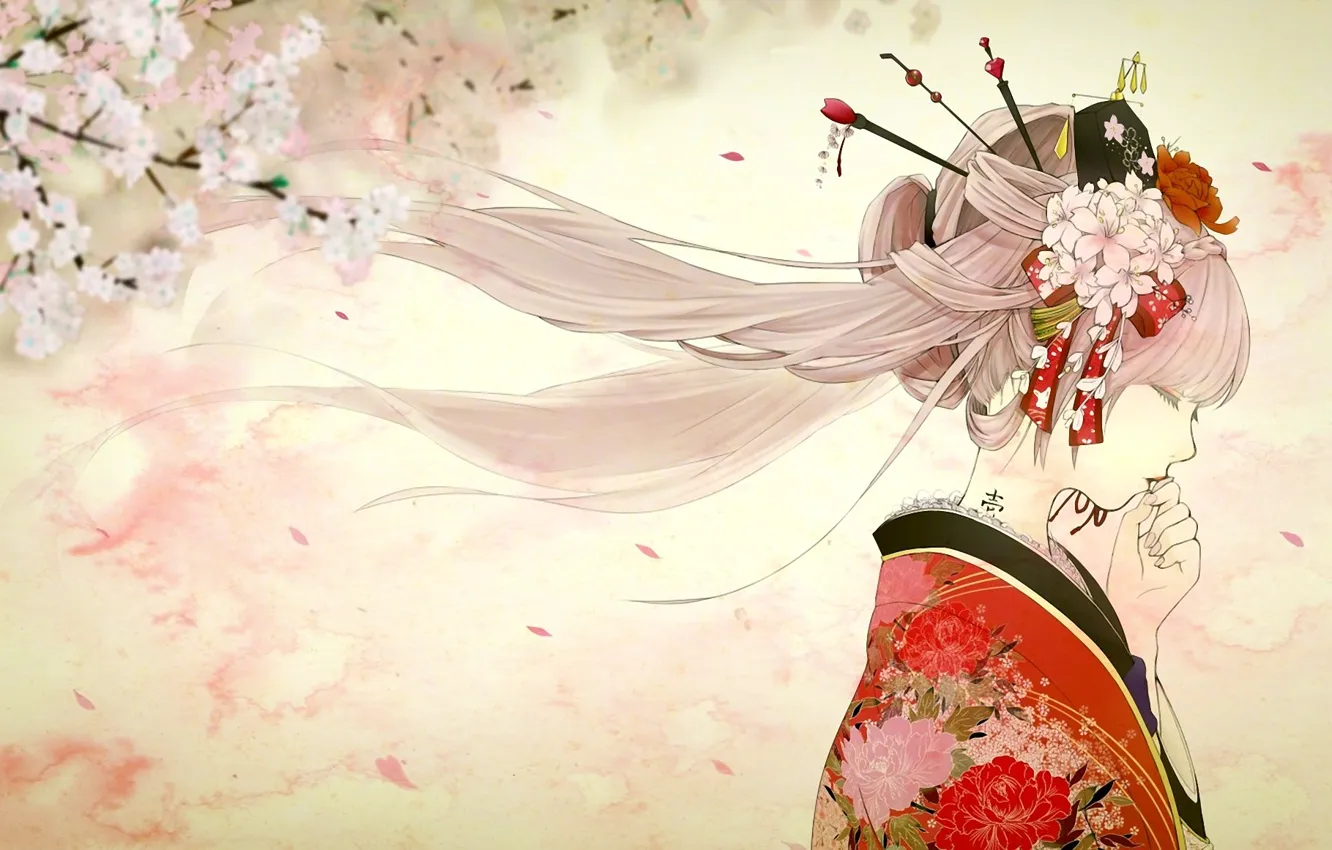 Фото обои девушка, весна, сакура, тату, арт, профиль, кимоно, vocaloid, hatsune miku, yache, sakura miku