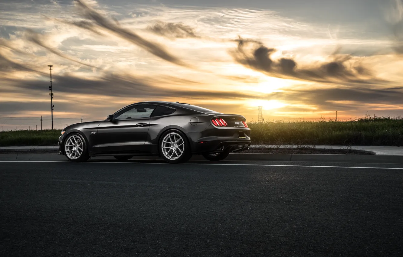 Фото обои Mustang, Ford, Muscle, Car, Sunset, Wheels, Avant, Rear, 2015, Garde