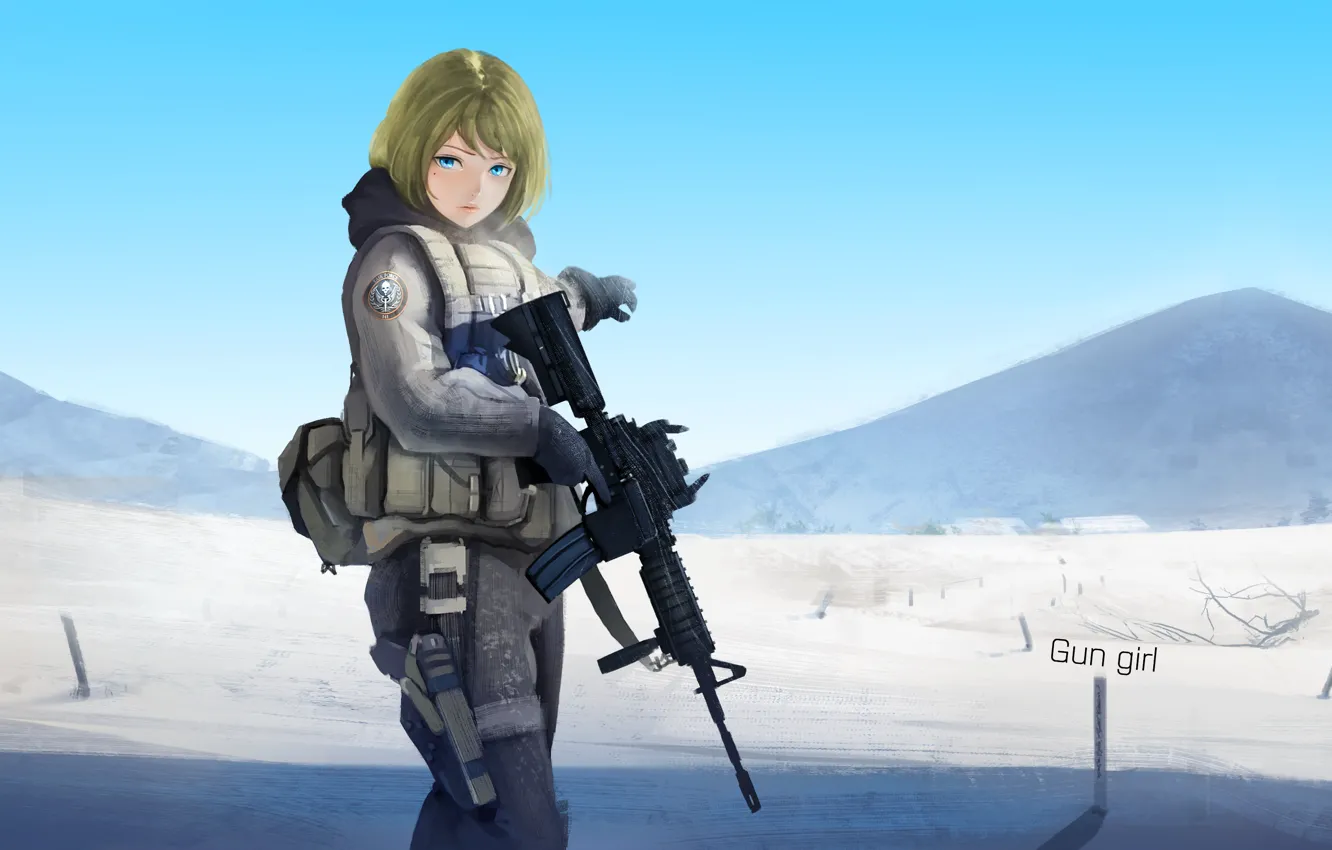 Фото обои девушка, горы, оружие, пустыня, аниме, арт, солдат, pantsu shinshi