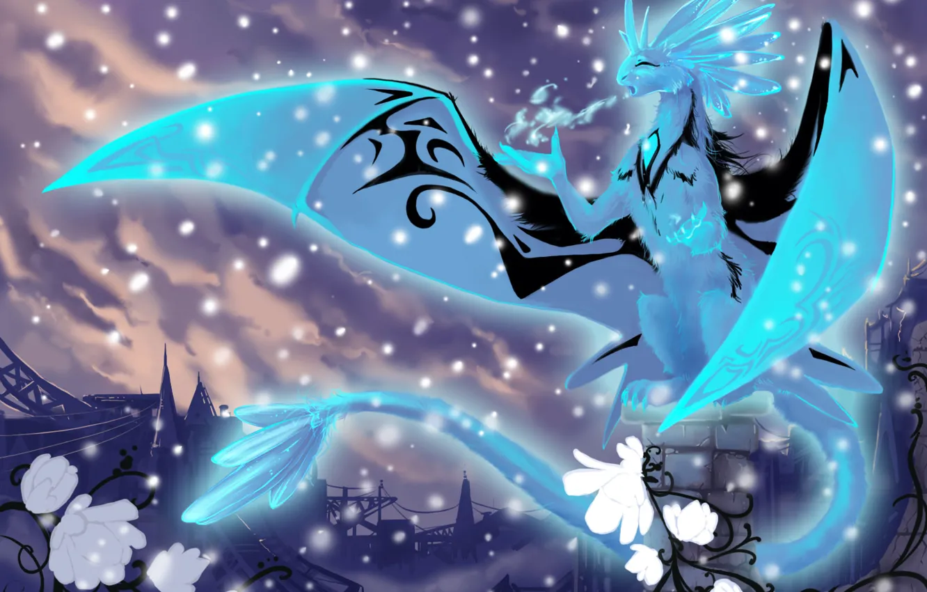 Фото обои холод, снег, стихия, дракон, лёд, фэнтези, кристаллы