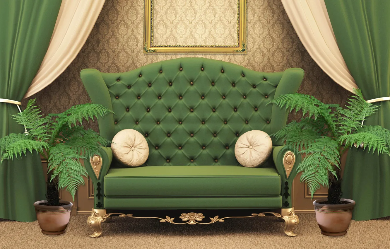 Фото обои цветы, дизайн, зеленый, стиль, комната, диван, интерьер, подушки, рамка, занавески, шторы