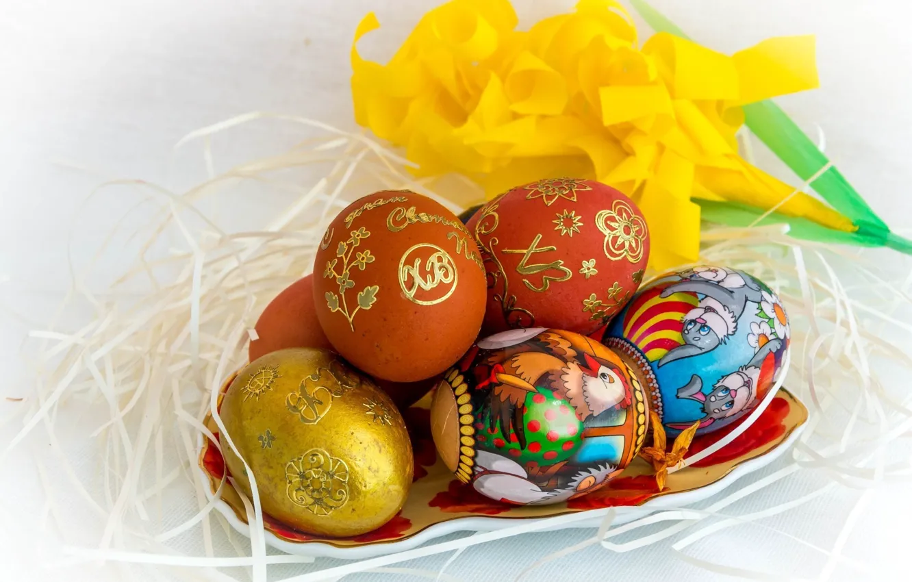 Фото обои праздник, яйца, Пасха, гнездо, крашеные яйца
