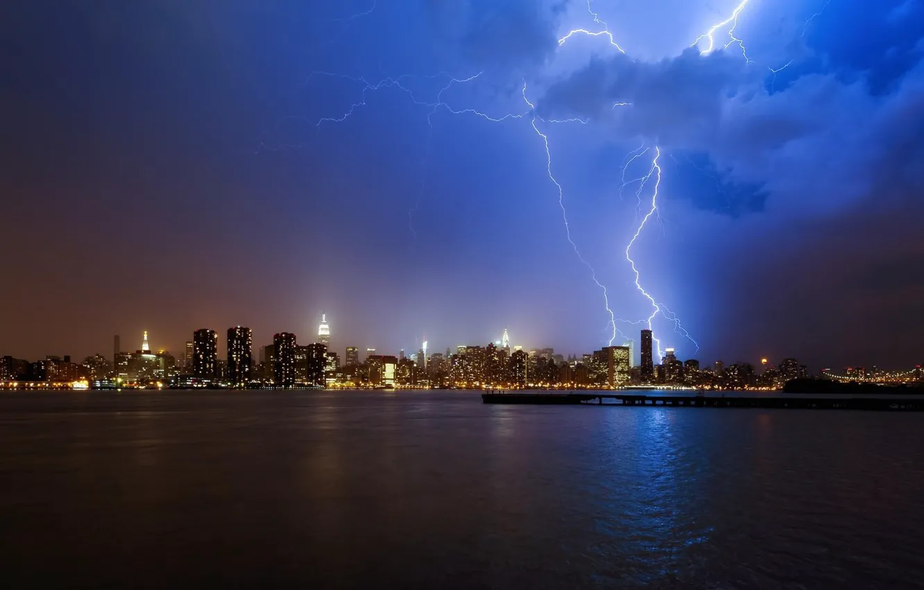 Фото обои city, lights, USA, storm, river, sky, lightning, photo, water, night, New York, Manhattan, NYC, houses, …