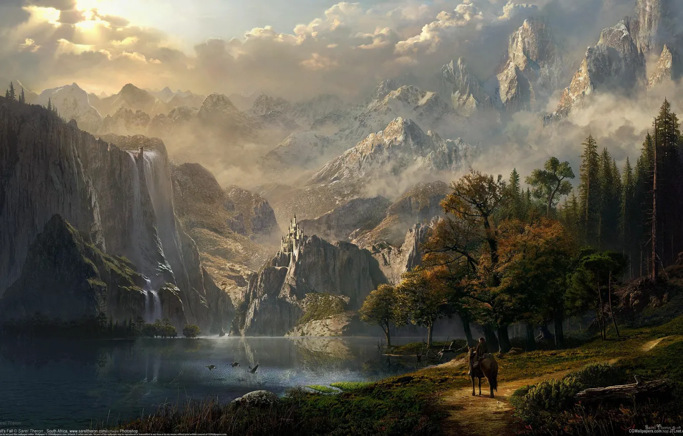 Фото обои лес, девушка, горы, озеро, замок, конь, эльф, водопад, всадница, фэнтези, арт, fantasy, CG wallpapers, Idyll's …