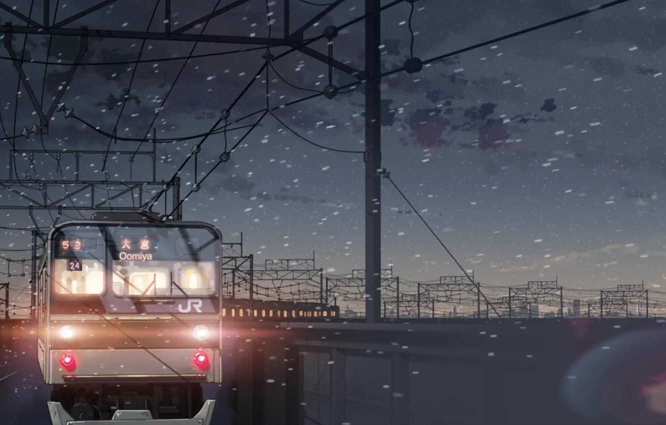 Фото обои снег, поезд, 5 сантиметров в секунду, Макото Синкай