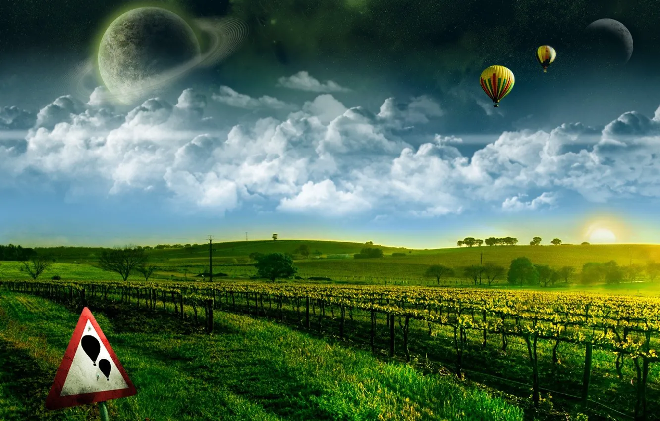 Фото обои зелень, мечта, космос, полет, здесь исполняются желания, воздушные шары