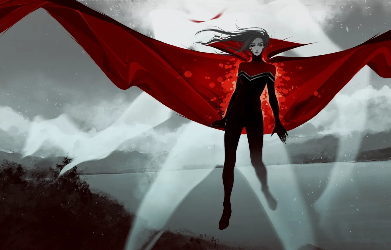 Фото обои красный, ветер, женщина, волосы, костюм, маг, плащ