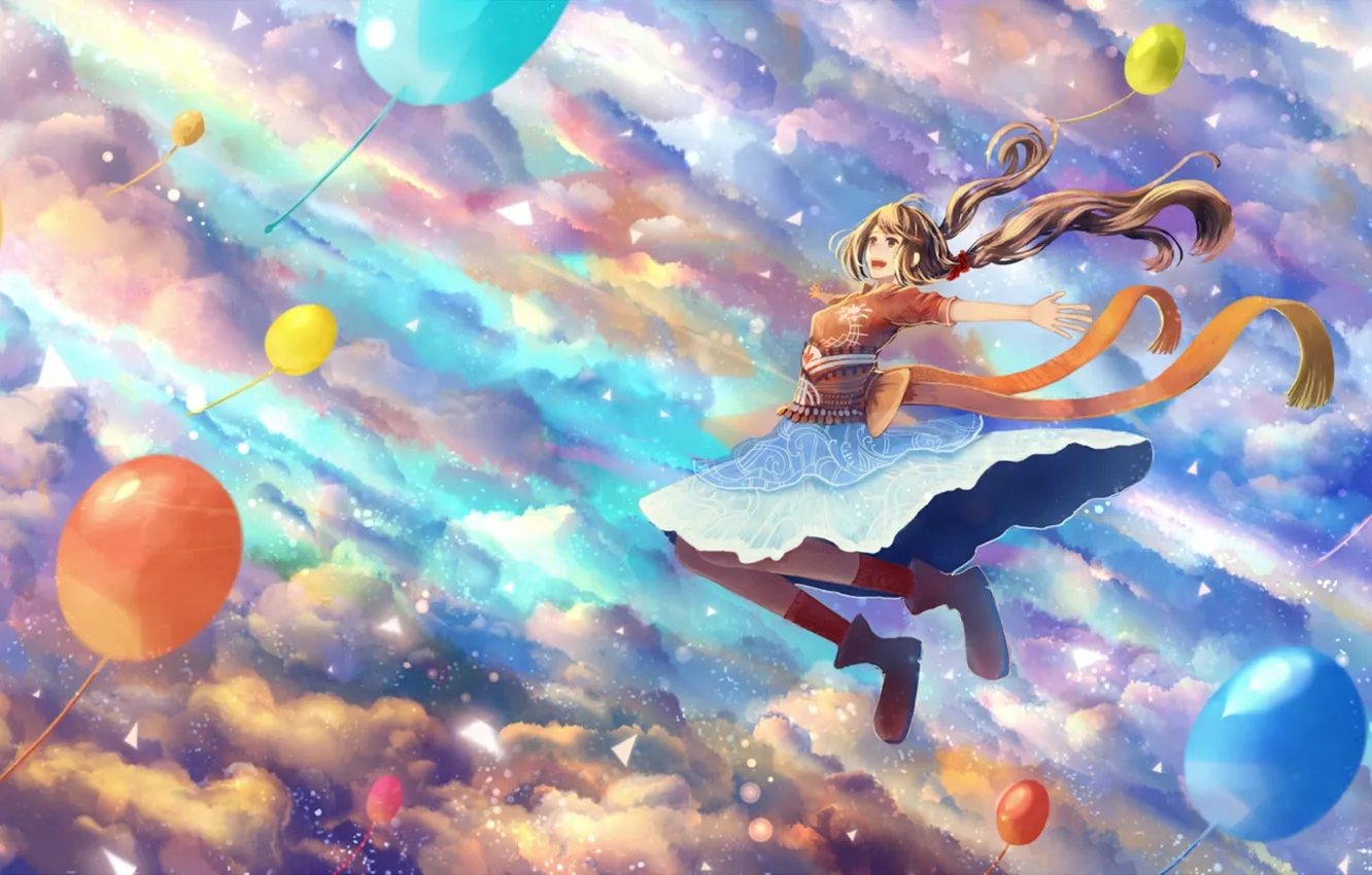 Фото обои небо, девушка, облака, шарики, радость, аниме, арт, bounin