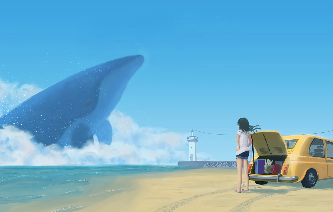Фото обои машина, небо, девушка, облака, океан, берег, аниме, арт, кит, чемоданы, natsu3390