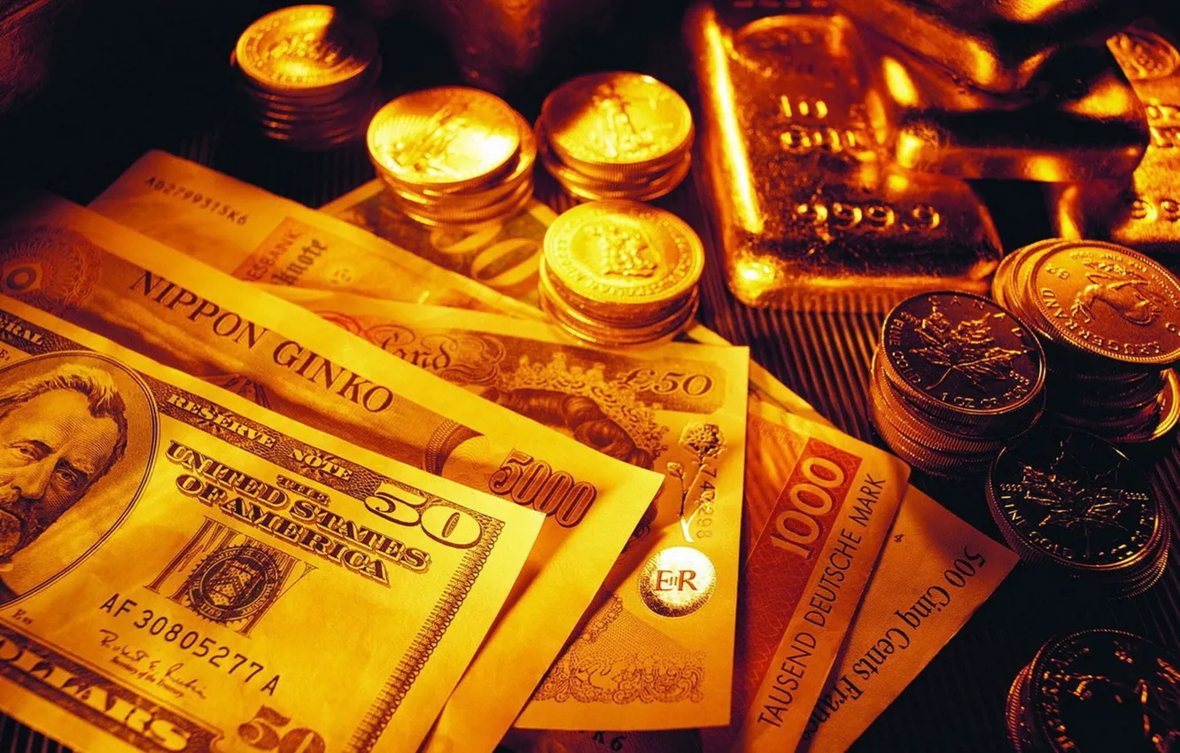 Фото обои золото, деньги, монеты, доллары, слитки