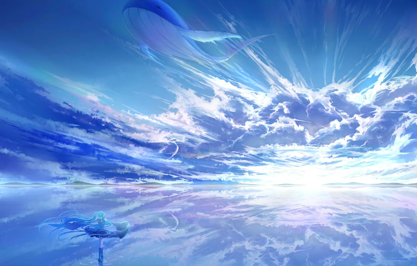 Фото обои небо, вода, девушка, солнце, облака, пейзаж, закат, отражение, аниме, арт, кит, vocaloid, hatsune miku, arsh