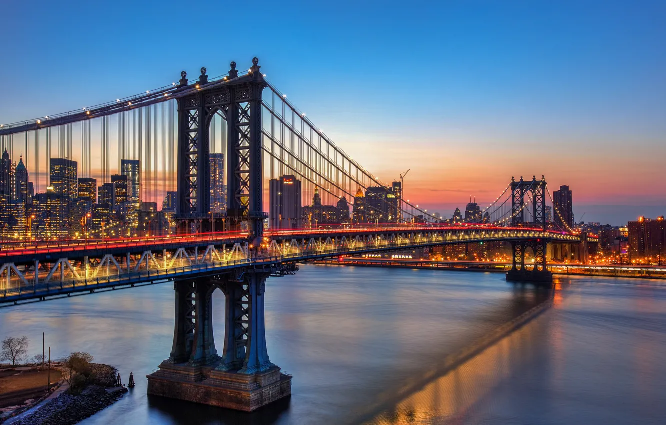 Обои небо, закат, огни, отражение, Нью-Йорк, зеркало, Манхэттенский мост,  Соединенные Штаты картинки на рабочий стол, раздел город - скачать